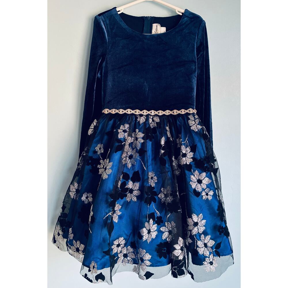 Rare Editions Girl's Dress Size 7 Blue Black and Silver Rhinestone Belt Velvet